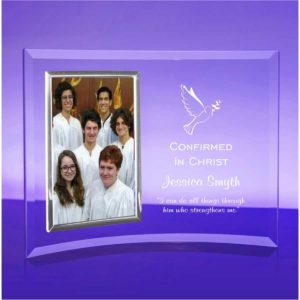 curved glass picture frame engraved with confirmation text